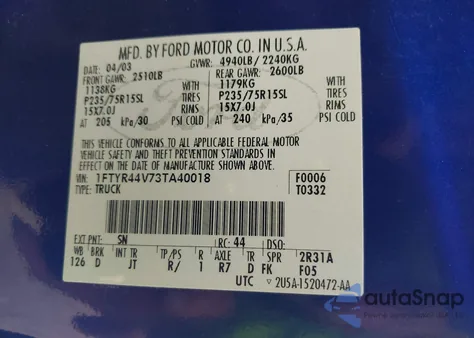 2003 Ford Ranger Edge/Tremor/Xlt из США, поврежденный, VIN 1FTYR44V73TA40018